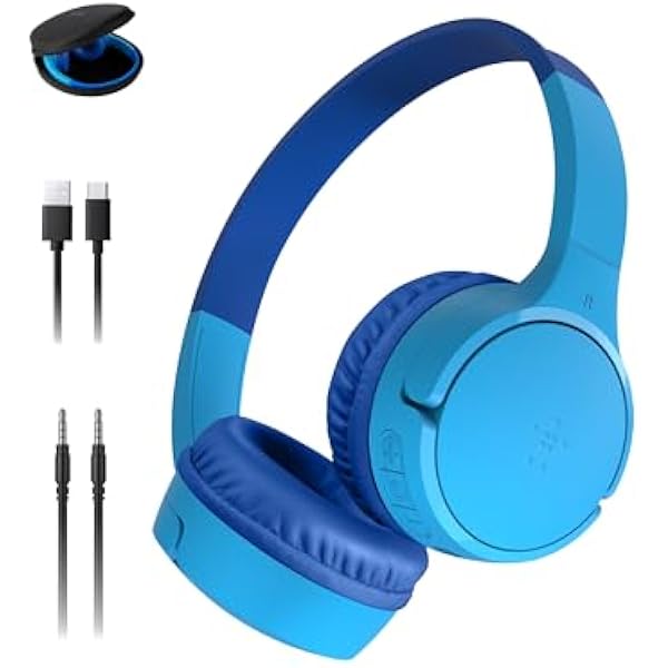 Belkin SoundForm Mini - Wireless Bluetooth Kids Headphones, 30H Battery, 85dB Safe Volume Limit, Built-in Microphone - Toddler On-Ear Earphones for iPhone, iPad - Ideal for School - Blue w/Case