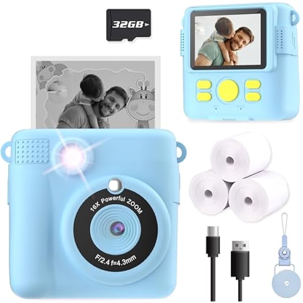 Kids Camera Instant Print, Christmas Birthday Gifts for Kids Age 3-12, Selfie Digital Camera with 1080P Videos,Toddler Portable Travel Toy for 4 5 6 7 8 9 Year Old Boys Girls-Blue