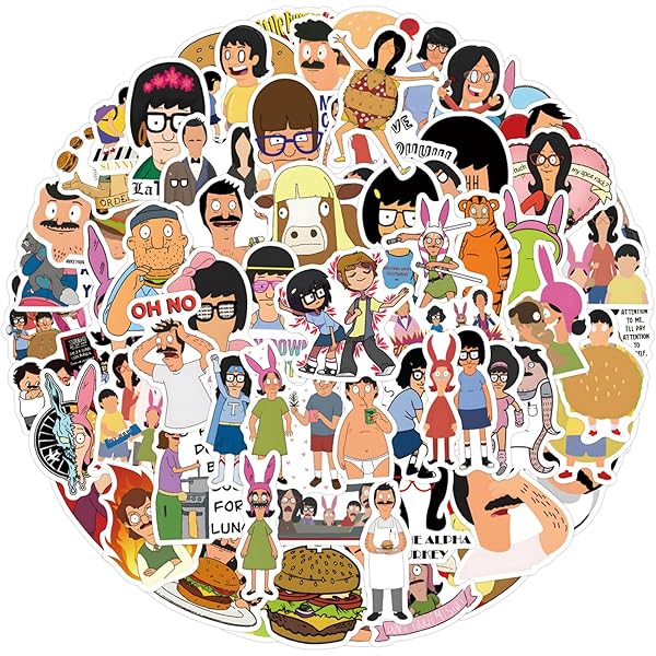 110Pcs Bobs Burgers Stickers Cool Cartoon Movie Stickers, Vinyl Waterproof Sticker for Laptop, Guitar, Water Bottle, Birthday Gifts for Girls, Kids, Teens (Bobs Burgers)