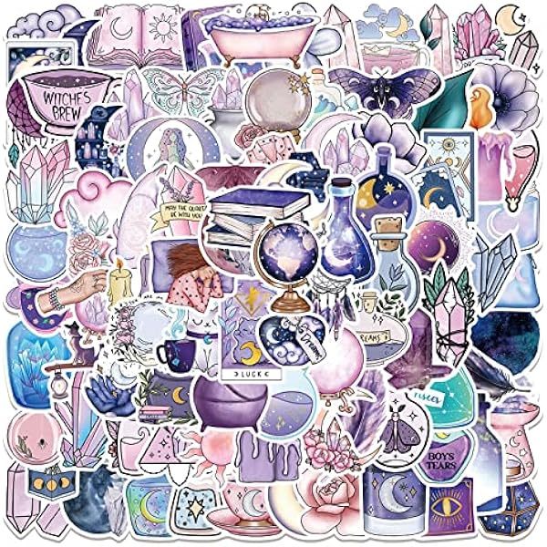 Astrology Zodiac Boho Witch Stickers - 100Pcs Purple Fantasy Midnight Witchy Stickers Waterproof Vinyl for Water Bottle,Laptop,Scrapbooks,Journaling