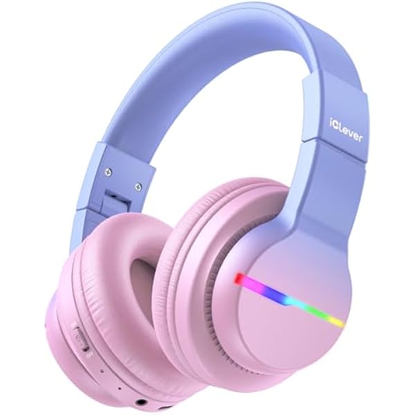 iClever BTH12 Kids Bluetooth Headphones,Colorful LED Lights,74/85dBA Safe Volume,85H Playtime,Fast Charging,Bluetooth 5.2,Over Ear Kids Headphones Wireles for iPad/Tablet/Airplane, Gradient Pink