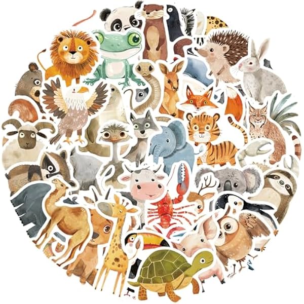 50Pcs Cute Cartoon Animal Stickers for Kids Funny Animal Stickers Cute Gifts for Girls Boys - Waterproof Vinyl Sticker for Kids Waterbottle Laptop Guitar Classroom Prizes for Elementary Students (Cut)
