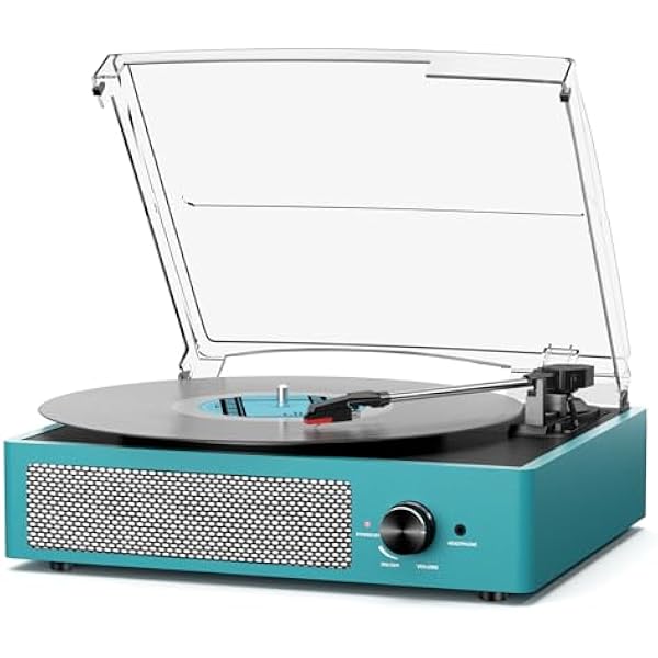 Record Player for Vinyl with 2 Build-in Speakers LP Vinyl Players Belt-Driven Vintage Turntables 3 Speed 3 Size, Wireless Bluetooth Playback, AUX-in, RCA Out, Headphone, Auto Stop Sea Blue