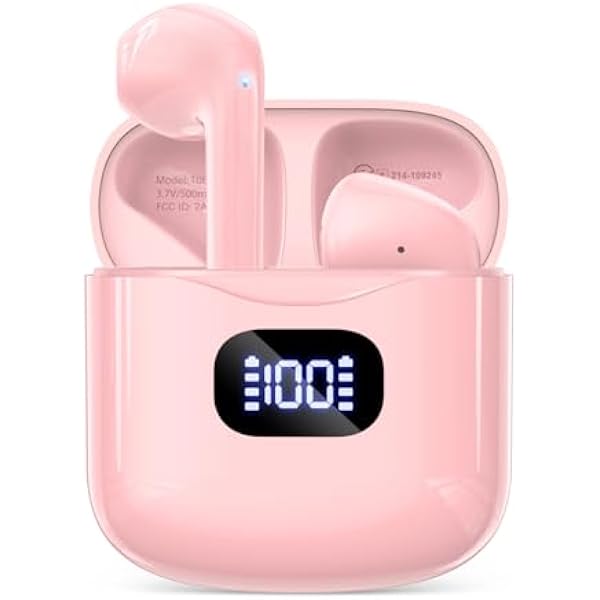 Wireless Earbuds Bluetooth 5.3 Headphones, 40Hrs Playback Stereo Ear Buds with LED Display Charging Case IPX7 Waterproof in-Ear Earphones with Mic for Phone Tablet Laptop Sports, Pink