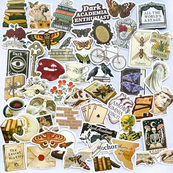 50 Pcs Dark Academia Stickers Pack – Vintage Gothic Aesthetic, Book Lover, Skull, Moth, Classical Art, Literary Quote Waterproof Vinyl Decals for Journaling, Laptop, Scrapbook, Gothic Decor