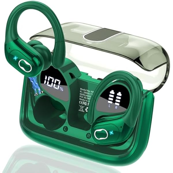 Wireless Earbuds 75hrs Bluetooth 5.4 Headphone Sport, 2025 Bluetooth Earbuds Stereo Deep Bass Over Ear Bud with Earhooks, ENC Noise Cancelling Mic, IPX7 Waterproof Earphone, Dark Green