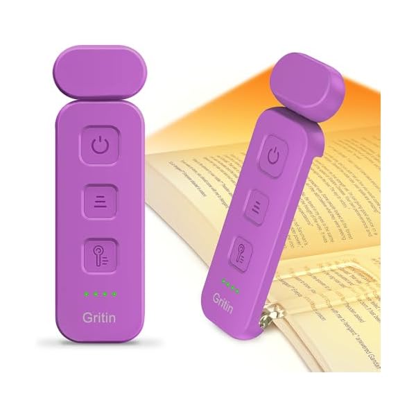 Gritin Reading Light, Rechargeable Book Light for Reading in Bed - Eye Caring 3 Color Temperatures, 5-Level Dimmable Brightness, Long Lasting, Compact Size Clip on Book Lamp for Bookworms-Dark Purple