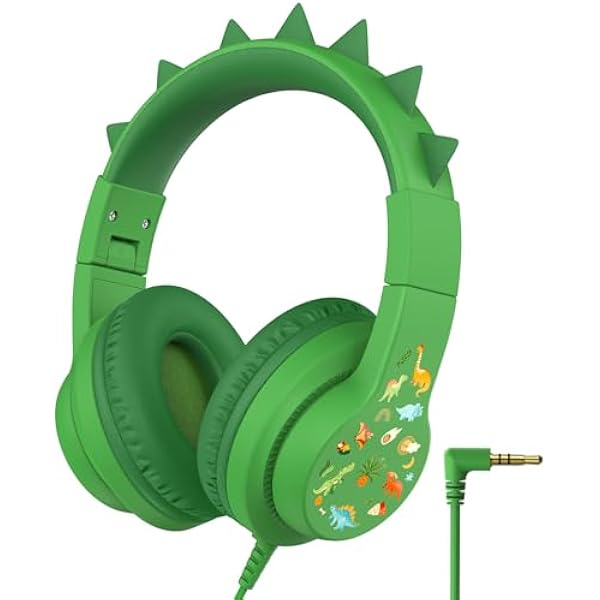 iClever Kids Headphones for School Travel, Safe Volume 85dBA, Stereo Sound Over-Ear for Kid, Foldable 3.5mm Wired Dinosaur Headphones for iPad Computer, HS19S