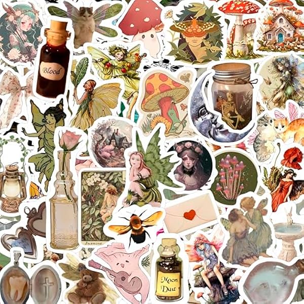 BulbaCraft 100Pcs Fairycore Stickers for Water Bottle and Laptop - Fairycore Party Favors & Decorations, Waterproof Vinyl Decals, Fantasy and Nature Stickers, Gifts for Women & Men