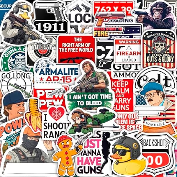 100Pcs Firearm Stickers and Decals, Gun & Tactical Stickers Pack- Military Decals - Firearm Party Decorations - Gift for Women & Men