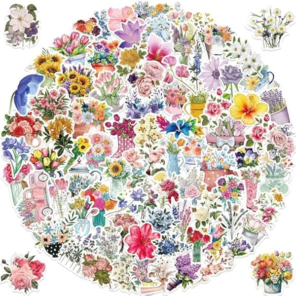 100pcs Flower Stickers for Girl, Cute Floral Aesthetic Waterproof Vinyl Decal for Kids Teen Adult Water Bottle Laptop Phone Computer Skateboard Luggage Notebook (Flower)