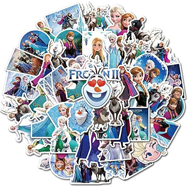 Cute Frozen Cartoon Stickers for Kids Water Bottle, 50pcs Pack Disney Princess Waterproof Vinyl Decal for Teen Girl Laptop Skateboard Bike Guitar Laggage Bicycle Travel Case Notebook Helmet