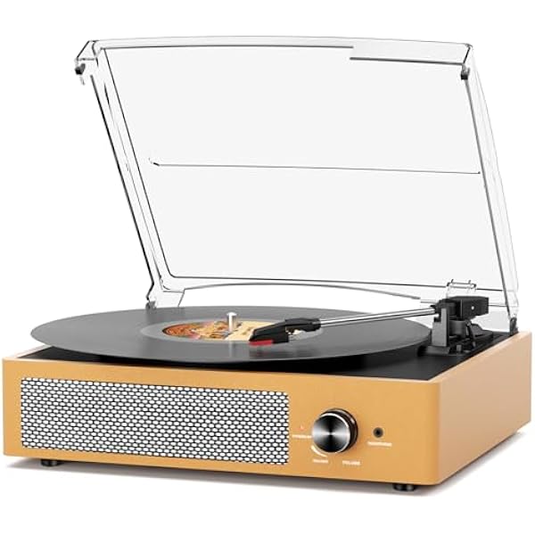 Vinyl Record Player with 2 Stereo Speakers Belt-Driven Vintage Turntables 3 Speed 3 Size Wireless Bluetooth Playback AUX-in RCA Out Headphone LP Vinyl Players Auto Stop Frosted Golden