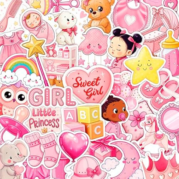 100Pcs Baby Girl Stickers for Baby Shower, Scrapbooking - Newborn Stickers - Girl Shower Party Favors & Decoration, Gifts