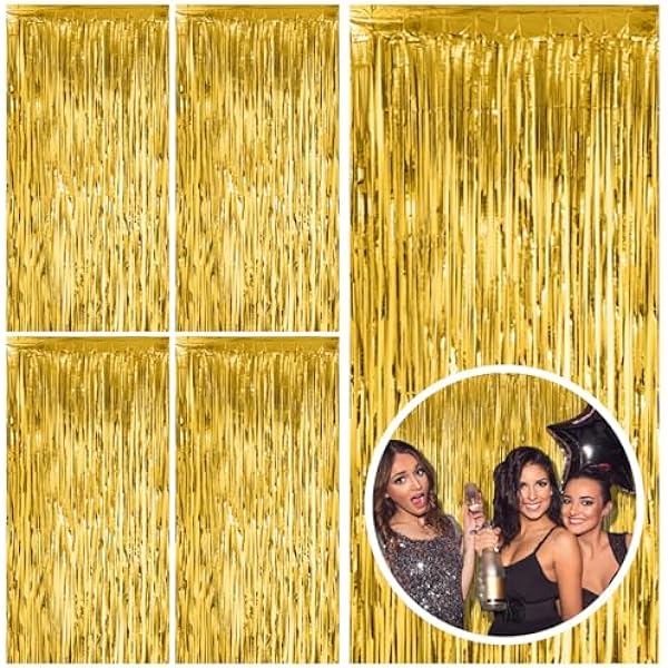 5 Pack Gold Fringe Curtain Backdrop Tinsel Streamers Birthday Party Decorations Christmas Photo Booth Backdrop Halloween New Year Graduation Baby Shower Theme Party Decorations
