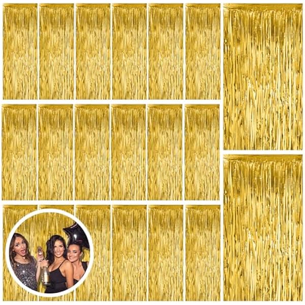 20 Pack Gold Fringe Curtain Backdrop Tinsel Streamers Birthday Party Decorations Christmas Photo Booth Backdrop Halloween New Year Graduation Baby Shower Theme Party Decorations