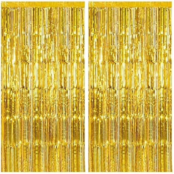 2 Pack Gold Fringe Curtain Backdrop Tinsel Streamers Birthday Party Decorations Christmas Photo Booth Backdrop New Year Halloween Graduation Baby Shower Theme Party Decorations