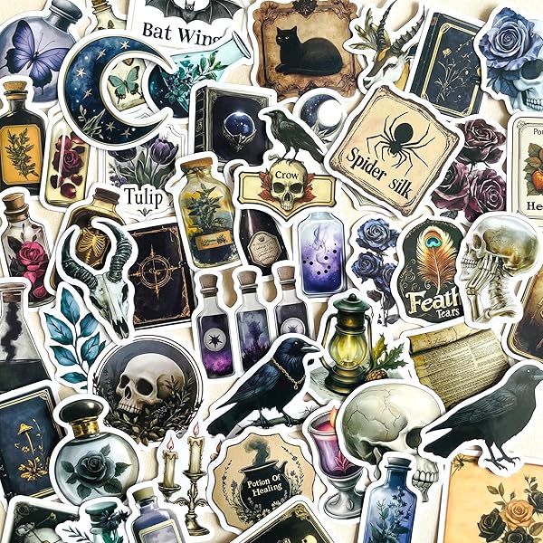 50 PCS Gothic Dark Academia Stickers – Vintage Witchcraft Occult Aesthetic Decals for Laptop, Water Bottle, Journal, Scrapbook – Skull, Crow, Potion, Witchy Decor Stickers for Teens & Adults