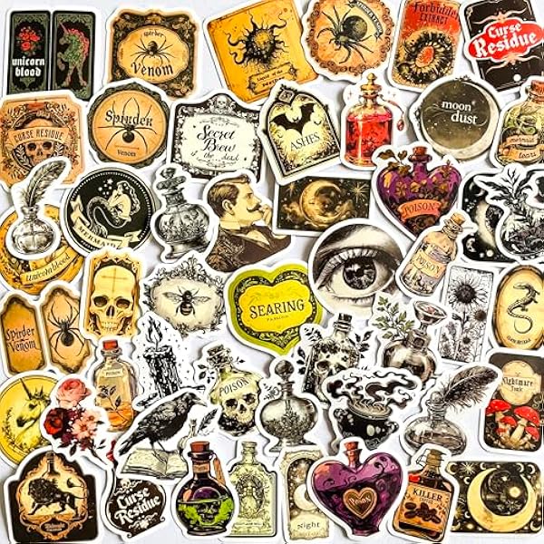 50PCS Gothic Apothecary Potion Stickers – Vintage Skull, Poison Bottles, Magic Spells, Spider, Occult Designs – Waterproof Vinyl Decals for Scrapbook, Journal, Planner, Halloween Decoration