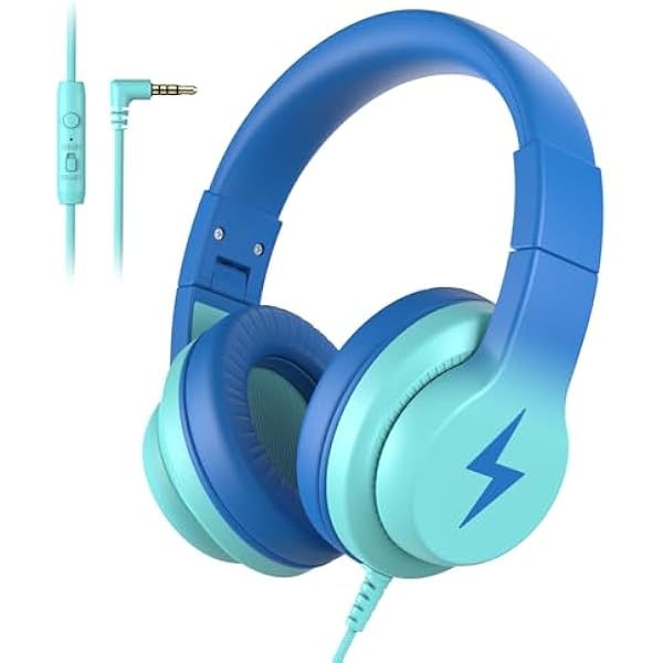 Kids Headphones, Wired Headphones for Kids with Microphone, 85/94dB Volume Limiter Headphone for Girls Boys, Foldable Headphone for Online Study, Gradient Blue