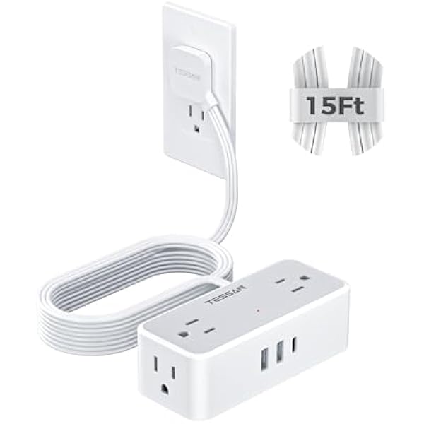 Flat Extension Cord 15 FT, TESSAN Surge Protector Power Strip with 4 AC Outlets 1 USB C and 2 USB A Ports, 900 Joules Protection, Multiple Wall Plug Outlet Extender Suitable for Home Office Dorm