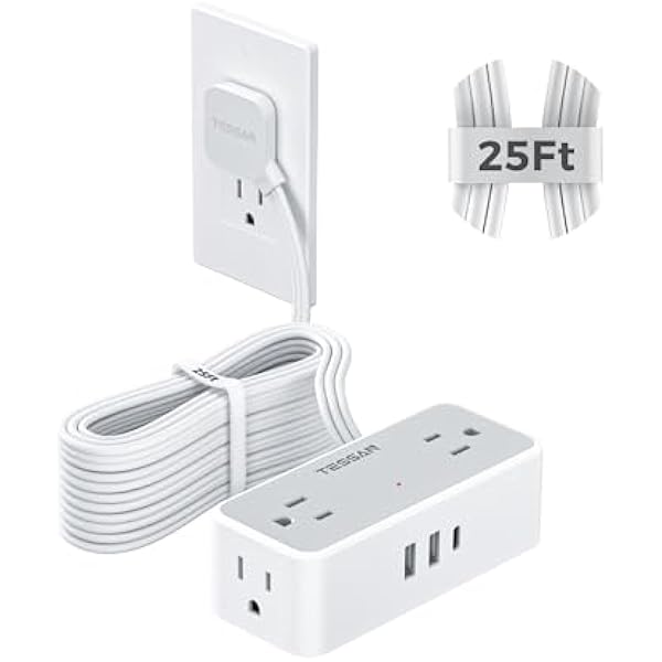 Flat Plug Extension Cord 25 ft, TESSAN Surge Protector Power Strip with 4 AC Outlets 1 USB C and 2 USB A Ports, 900 Joules Protection, Multiple Wall Outlet Extender for Home Office Dorm Essentials