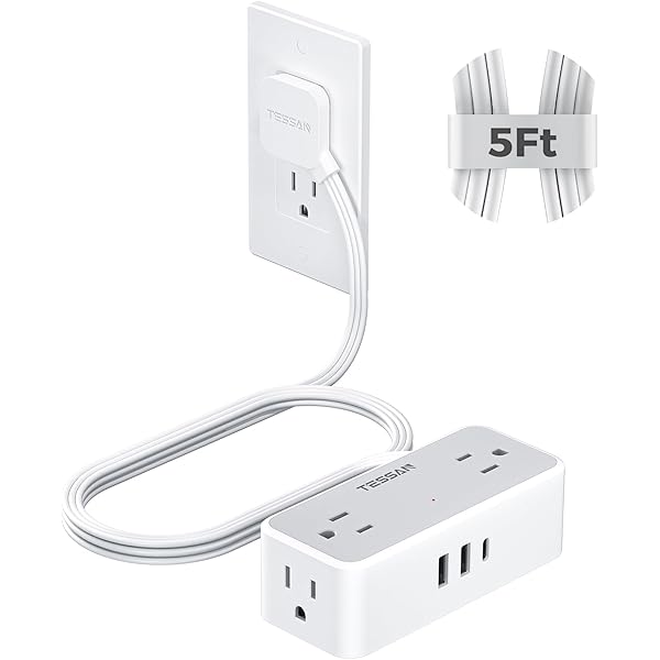 TESSAN Flat Plug Extension Cord 5 FT, Surge Protector Power Strip with 4 AC Outlets 1 USB C and 2 USB A Ports, 900 Joules Protection, Multiple Wall Outlet Extender Suitable for Home Office Dorm