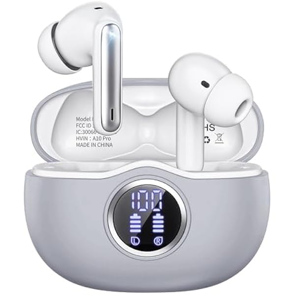A10 Pro Wireless Earbuds, Bluetooth 5.3 Headphones HiFi Stereo 50H Playback LED Digital Display Ear Buds with ENC Noise Canceling Headset, IPX7 Waterproof Earphones for Gym/Running/Work,Gray