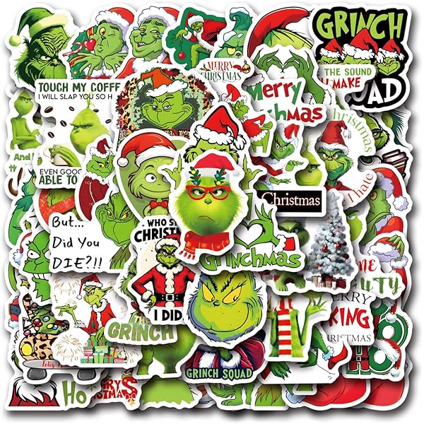 55pcs Christmas Grinches Popular Stickers for Kids, Children's Cartoon Sticker for Water Bottle,Laptop,Waterproof Vinyl Decals for Teens Girls Boys (Green-B)