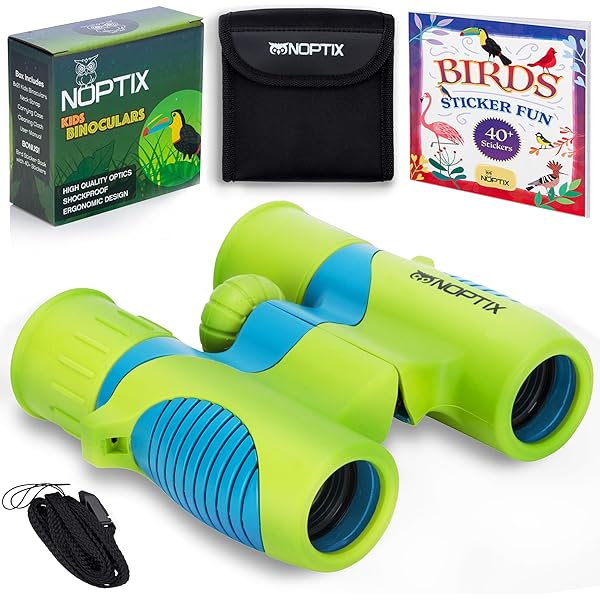 Binoculars for Kids, Girls or Boys Real Kids Binoculars in Vibrant Green Blue - Includes Sticker Book with 40 Bird Species - Small Toys for Toddlers