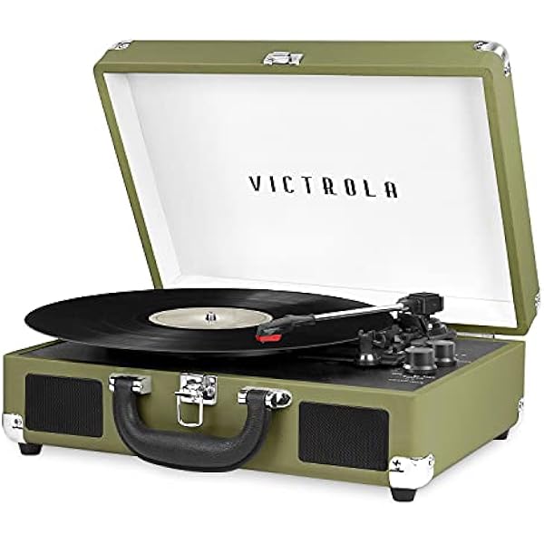 Victrola Journey Bluetooth Portable Suitcase Record Player – with Built-in Speakers, 3 Speed Vinyl Record Player, RCA Out, Headphone Jack (Green Olive)