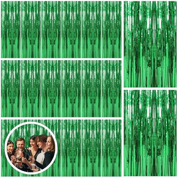 20 Pack Green Streamers Backdrop Jungle Party Decorations Foil Fringe Backdrop Curtains Photo Booth Backdrop for Birthday Dinosaur Animal St Patrick's Day Football Christmas Party Decorations