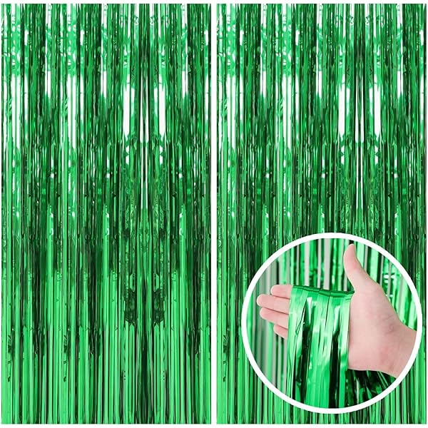 2 Pack Green Streamers Backdrop Jungle Party Decorations Foil Fringe Backdrop Curtains Photo Booth Backdrop for Birthday Dinosaur Animal St Patrick's Day Football Christmas Party Decorations