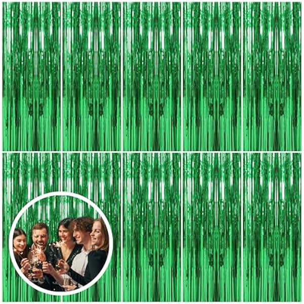 10 Pack Green Streamers Backdrop Jungle Party Decorations Foil Fringe Backdrop Curtains Photo Booth Backdrop for Birthday Dinosaur Animal St Patrick's Day Football Christmas Party Decorations