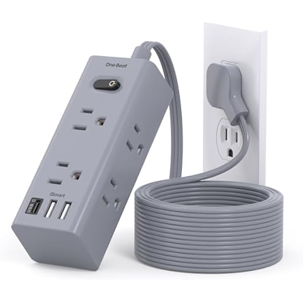 10Ft Extension Cord with Multiple Outlets, Flat Plug Power Strip Surge Protector with 10 Ft Long Cord, 6 Outlet 3 USB Ports (1 USB C), Multi Outlet Wall Plug for Travel, Dorm Room Essentials-Grey