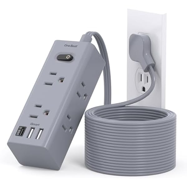15Ft Extension Cord with Multiple Outlets, Flat Plug Power Strip Surge Protector with 15 Ft Long Cord, 6 Outlet 3 USB Ports (1 USB C), Multi Outlet Wall Plug for Travel, College, Dorm Essentials-Grey