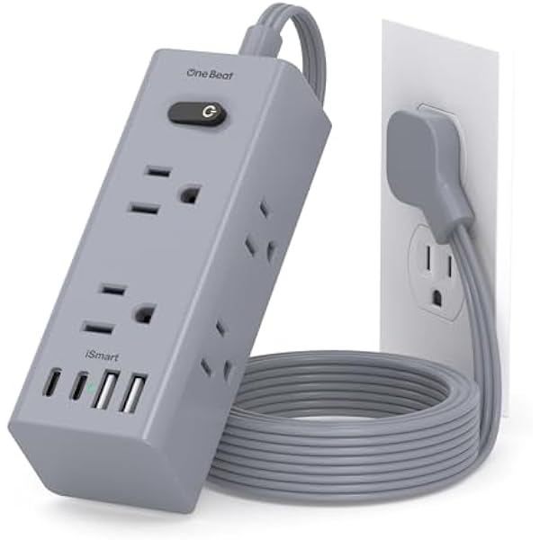 3Ft Extension Cord with Multiple Outlets, Flat Plug Power Strip Surge Protector with 1 Ft Cord, 6 Outlet 3 USB Ports (1 USB C), Multi Outlet Wall Plug for Travel, Dorm Room Essentials-Grey