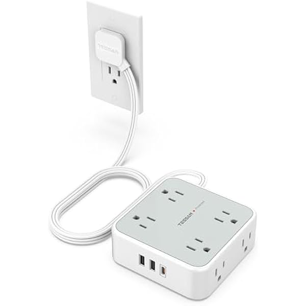 Surge Protector Power Strip, TESSAN 5 Ft Flat Plug Extension Cord with Multiple Outlets, 3 USB (1 USB C PD 20W), 8 Outlets, 900J Surge Protection, for Home, Office, Dorm Room Essentials, 1250W