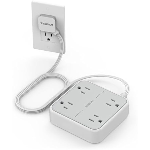 10 FT Surge Protector Power Strip, TESSAN Extension Cord Flat Plug with 4 Widely Outlets Extender, Indoor Desk Charging Station with Surge Protection for Home, Office Supplies, Dorm Room Essentials