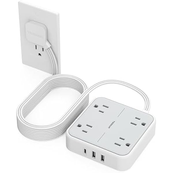 Surge Protector Flat Extension Cord 15Ft, TESSAN Flat Plug Power Strip with 4 Outlets 3 USB Ports (1 USB C), 900 Joules Protection, Multiple Wall Outlet Extender Suitable for Home Office Dorm, Grey