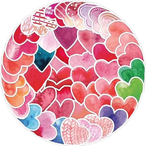 50 Funky Heart Stickers - Valentine's Day, Love, Red Heart Stickers for Water Bottles - Self-Adhesive Decorative Gifts for Kids, Baby, Men & Women (Heart Shape)