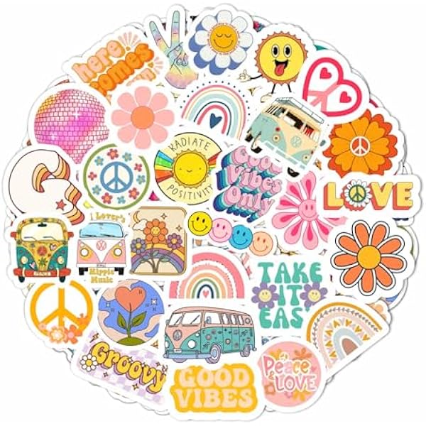 BulbaCraft Hippie Stickers, Groovy Stickers for Water Bottle and Laptop - Hippie Party Favors & Decorations, Gifts for Women & Men