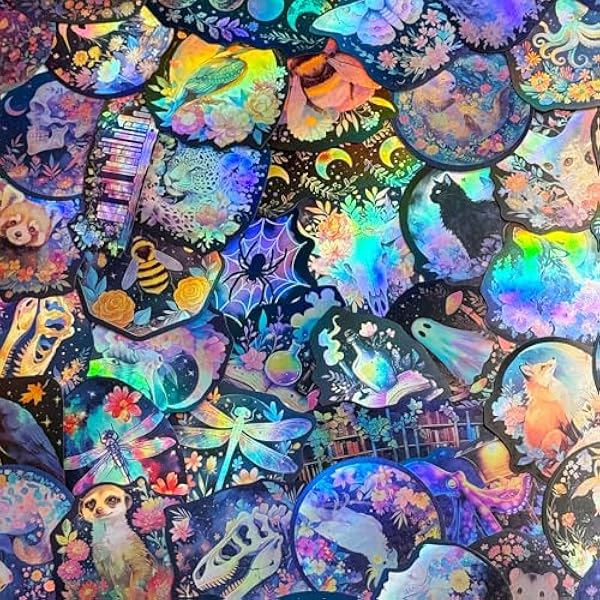 50PCS Holographic Nature Floral Aesthetic Stickers – Waterproof Vinyl Wildlife Animal & Celestial Fantasy Decals for Scrapbooking, Journaling, Laptop, Water Bottle Decoration
