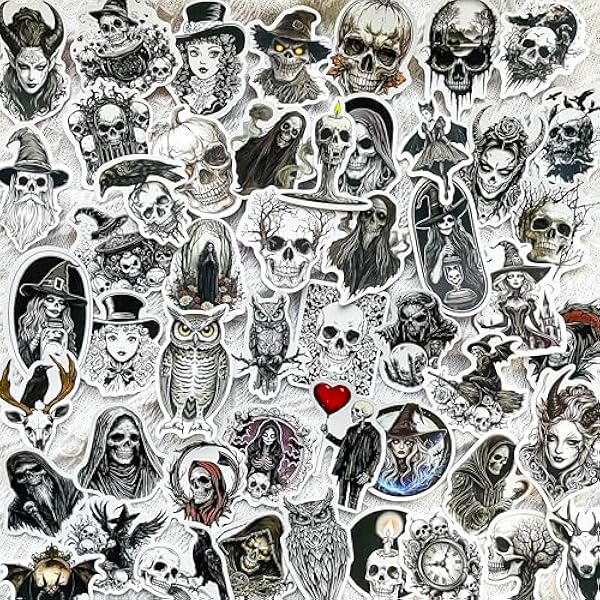 50pcs Black Horror Medieval Gothic Satanic Sticker - Vintage Skull, Witch, Grim Reaper, Owl, Crow Waterproof Vinyl Decals for Laptops, Water Bottles, Scrapbooking, Spooky Aesthetic Decor