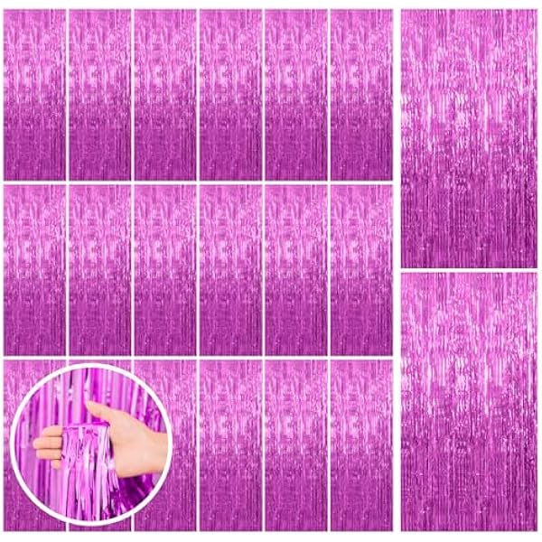 20 Pack Hot Pink Party Decorations - Tinsel Curtain Streamers Foil Fringe Backdrop for Birthday, Christmas, Bachelorette, Graduation, Fiesta Photo Booth