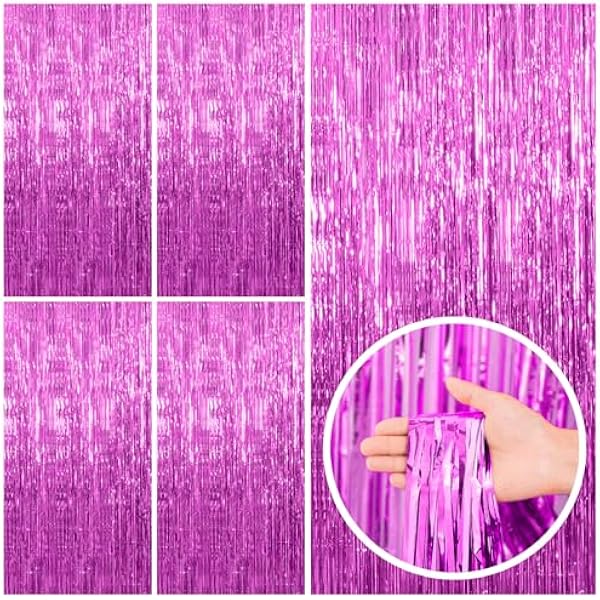 5 Pack Hot Pink Party Decorations - Tinsel Curtain Streamers Foil Fringe Backdrop for Birthday, Christmas, Bachelorette, Graduation, Fiesta Photo Booth