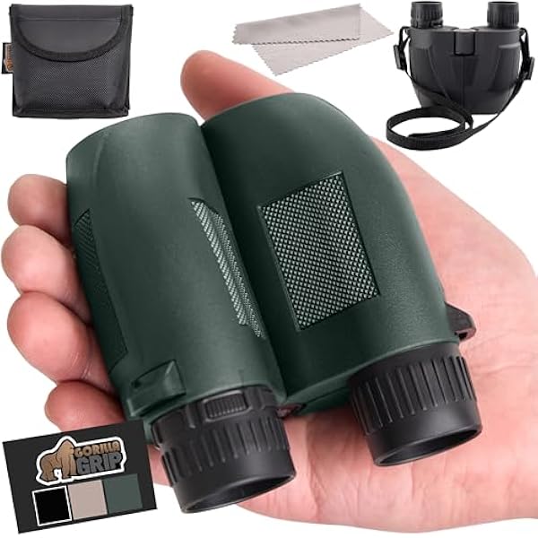 GORILLA GRIP 10x25 Compact Binoculars for Adults with Strap, Superior High Powered Clear 10X Magnification, Lightweight, Bird Watching, Hunting, Stargazing, Adjustable Eye Cups, Green