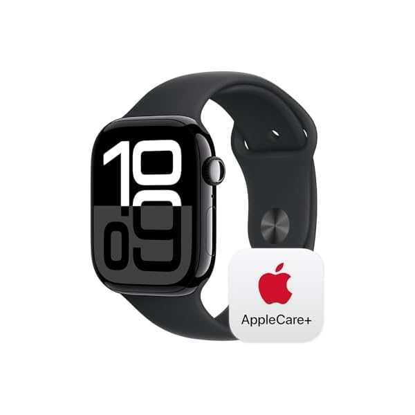 Apple Watch Series 10 [GPS 46mm] with Jet Black Aluminium Case with Black Sport Band - M/L. Fitness Tracker, ECG App, Always-On Retina Display, Water Resistant with AppleCare+ (2-years)