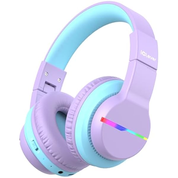 iClever BTH12 Kids Bluetooth Headphones,Colorful LED Lights Kids Headphones Wireless,74/85dBA Safe Volume,85H Playtime,Fast Charging,Bluetooth 5.2,Over Ear,Built-in Mic for iPad/Tablet/Airplane,Purple