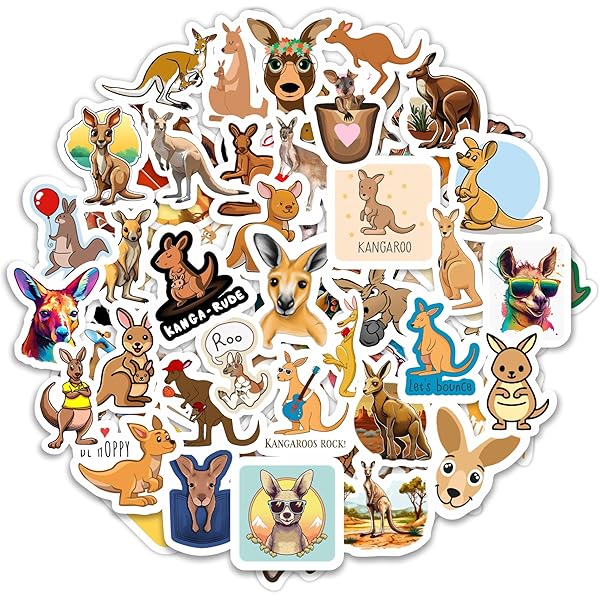 BulbaCraft Kangaroo Stickers for Water Bottle and Laptop - Kangaroo Party Favors & Decorations, Waterproof Vinyl Decals, Cute Animal and Wildlife Stickers, Gifts for Women & Men